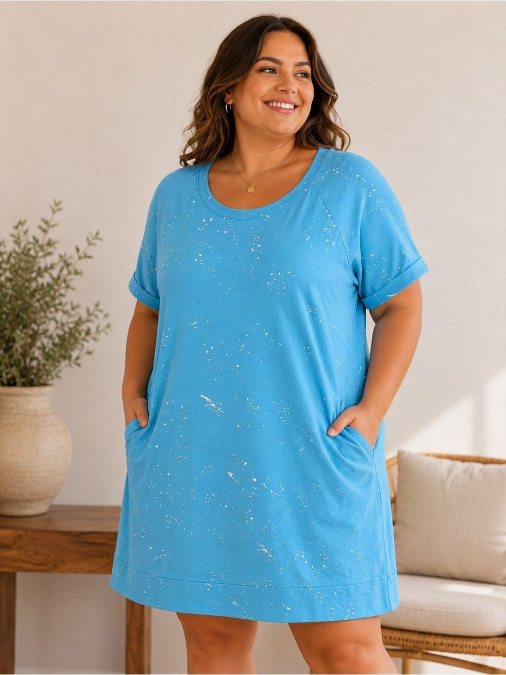 LIVI short sleeve t shirt pocket dress aqua with paint splatter NWT Size 18/20